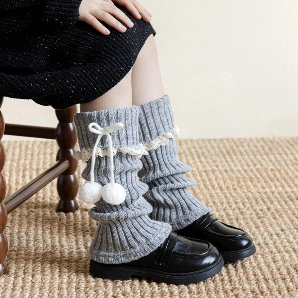 

Новые однотонные вязаные гетры-носки в стиле Лолита, утолщенные, с бантом и помпоном, для детей