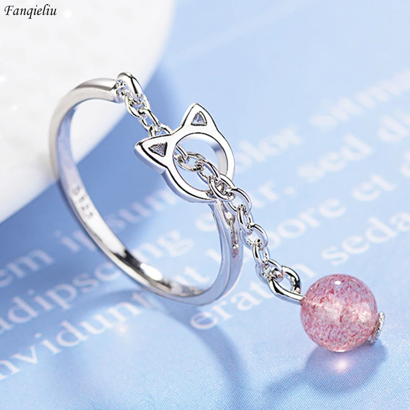 Fanqieliu 925 실버 바늘 패션 귀여운 고양이 크리스탈 비즈, 조정 가능한 새로운 보석 반지, 여성용 FQL23248