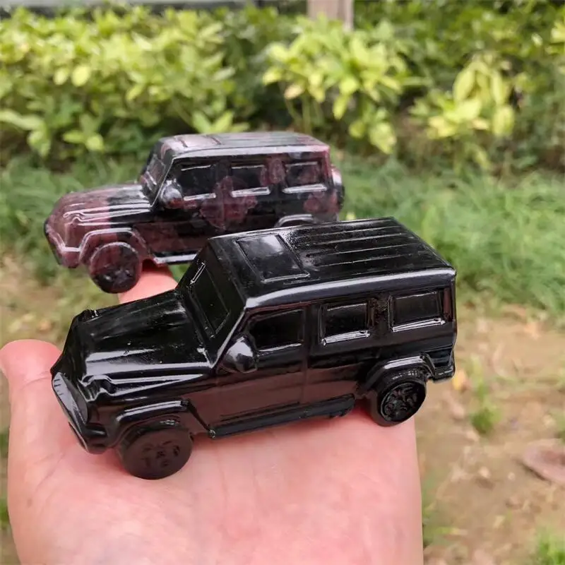 Natural Black Obsidian And Garnet Pickup Truck Carving Healing Crystal Gemstone Collectible Home Decoration Gift 1PCS