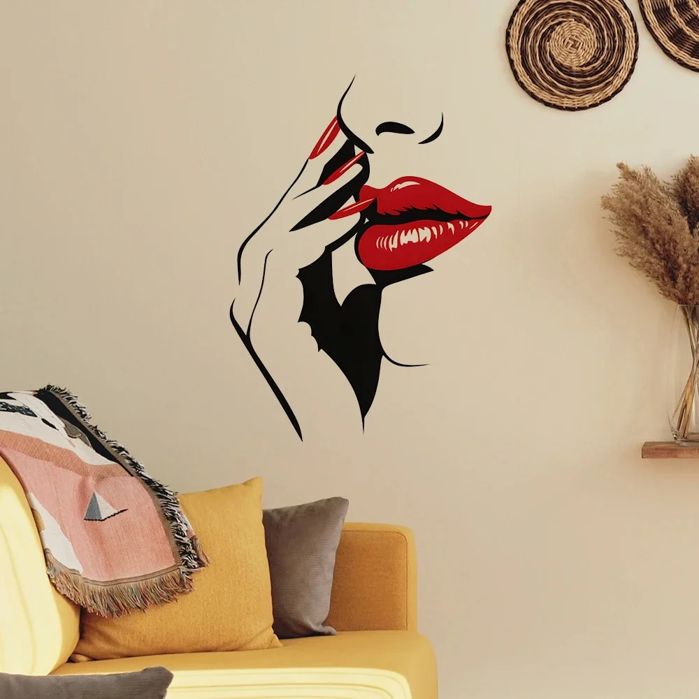 

Chic Red Lips Girl Wall Decal for Living Room Decoration Easy to Beautify Your Home, Used for Toilet, Car，Refrigerator, Cabinet