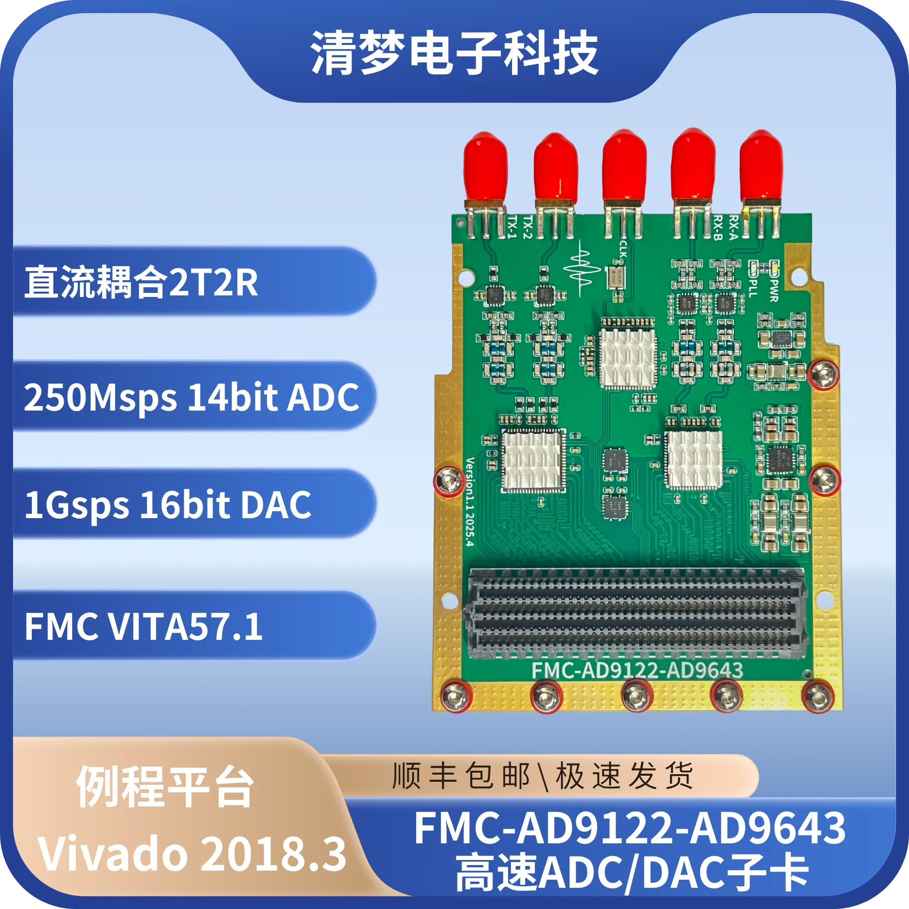 

FMC-AD9122-AD9643 Dual Channel High-speed ADC/DAC Daughter Card, DC Coupling, Medium Frequency Transceiver