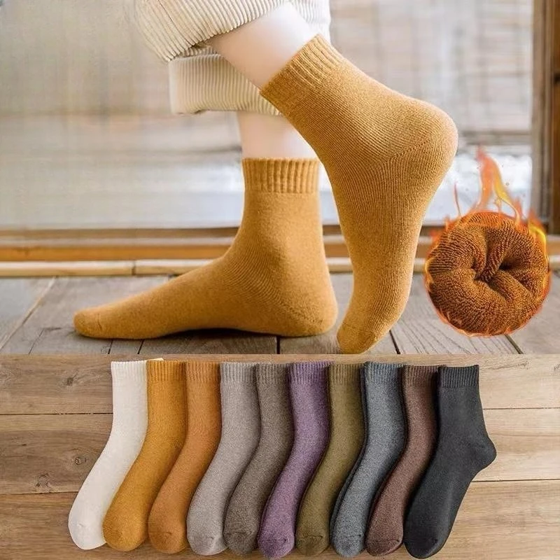 

5pcs Winter Warm Solid Women Socks Thicken Thermal Socks Black Skin Seamless Snow Sock Unisex Floor Sock