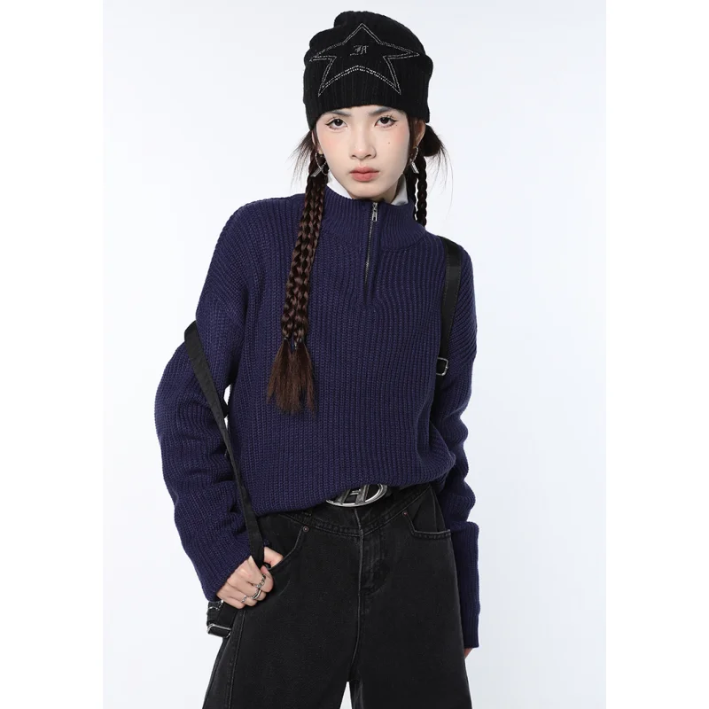 Women Navy Blue Sweater Fashion Vintage Leisure Lazy Wind Loose Winter Female Thicken Warm Long Sleeve Knitting Pullover