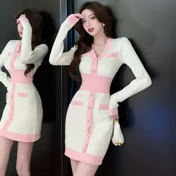 Women Chic Elegant V-neck Elastic Bodycon Dress Sexy Long Sleeve Korean Fashion Knit Vestidos Slim Autumn Winter Sweater Dress