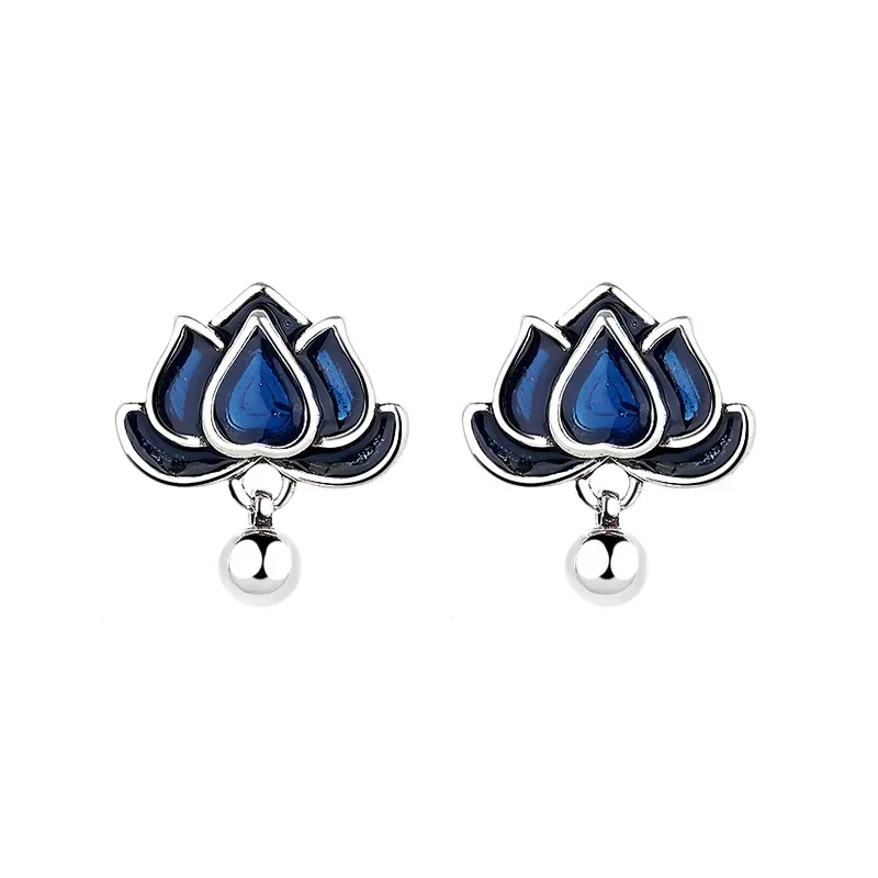 

925 Silver Blue Lotus Flower Earrings for Women Fresh Vintage Classic Art Enamel Tassel Short Earings Stud Party Jewelry Gifts