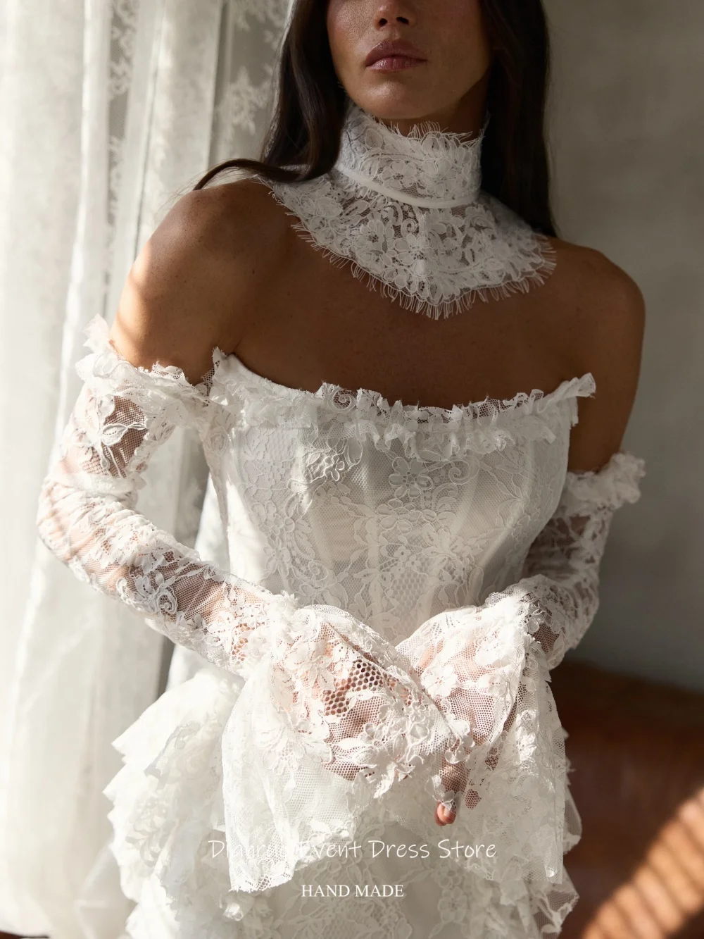 Dianruo Vintage Spitze Hochzeitskleider mit ausgestellten Ärmeln Applikationen Damen Abendkleider Meerjungfrau Lange Robe De Mariée Maßgeschneidert – Detail 5