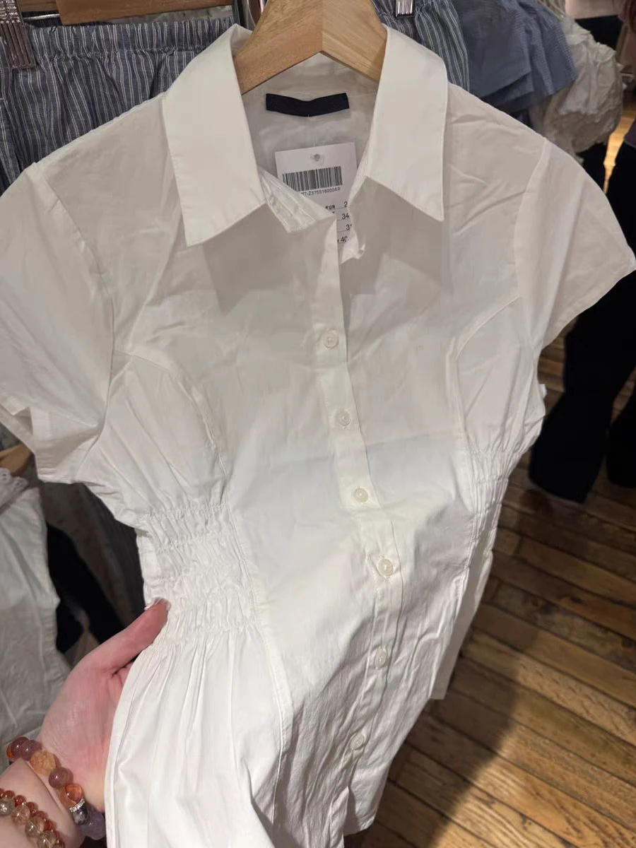 Witte elastische taille slanke T-shirt blouse dames kraag enkele rij knopen korte mouwen zomer preppy stijl zoete tees