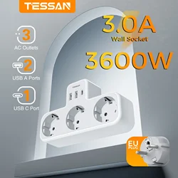 TESSAN USB Plug Adapter 6 in 1 Thief Sockets Tee with 3 Schuko Sockets 2 USB A 1 Type C Ports Multiple Plug Adapter for Home