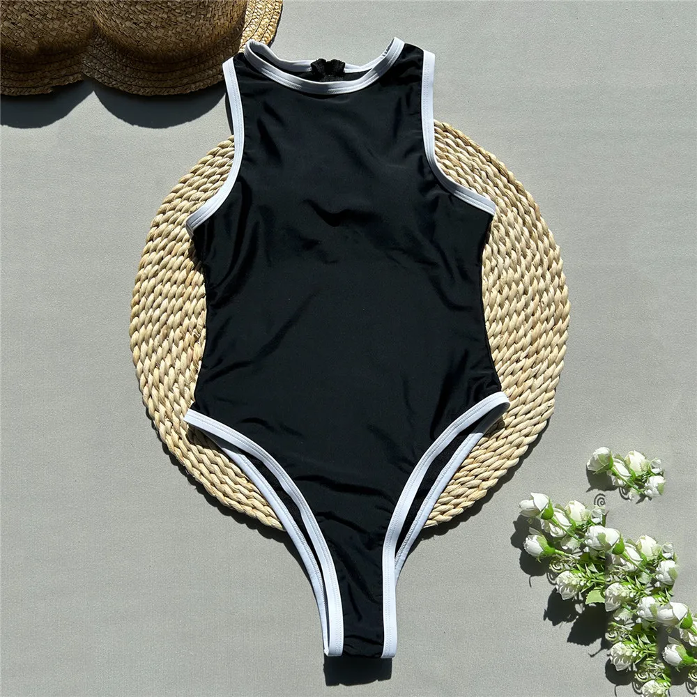 

Black Swimwear Women One Piece Swimsuits 2025 White Edge Sexy High Cut Bathing Swimming Suit Wear Back Zipper One-Piece Suits
