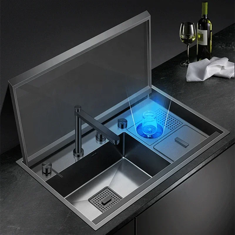 Hot salesWater Tap Cup Washer Single Basin Bowl Cover 304 Stainless Steel Liner Hidden Folding Faucet Kitchen Sink