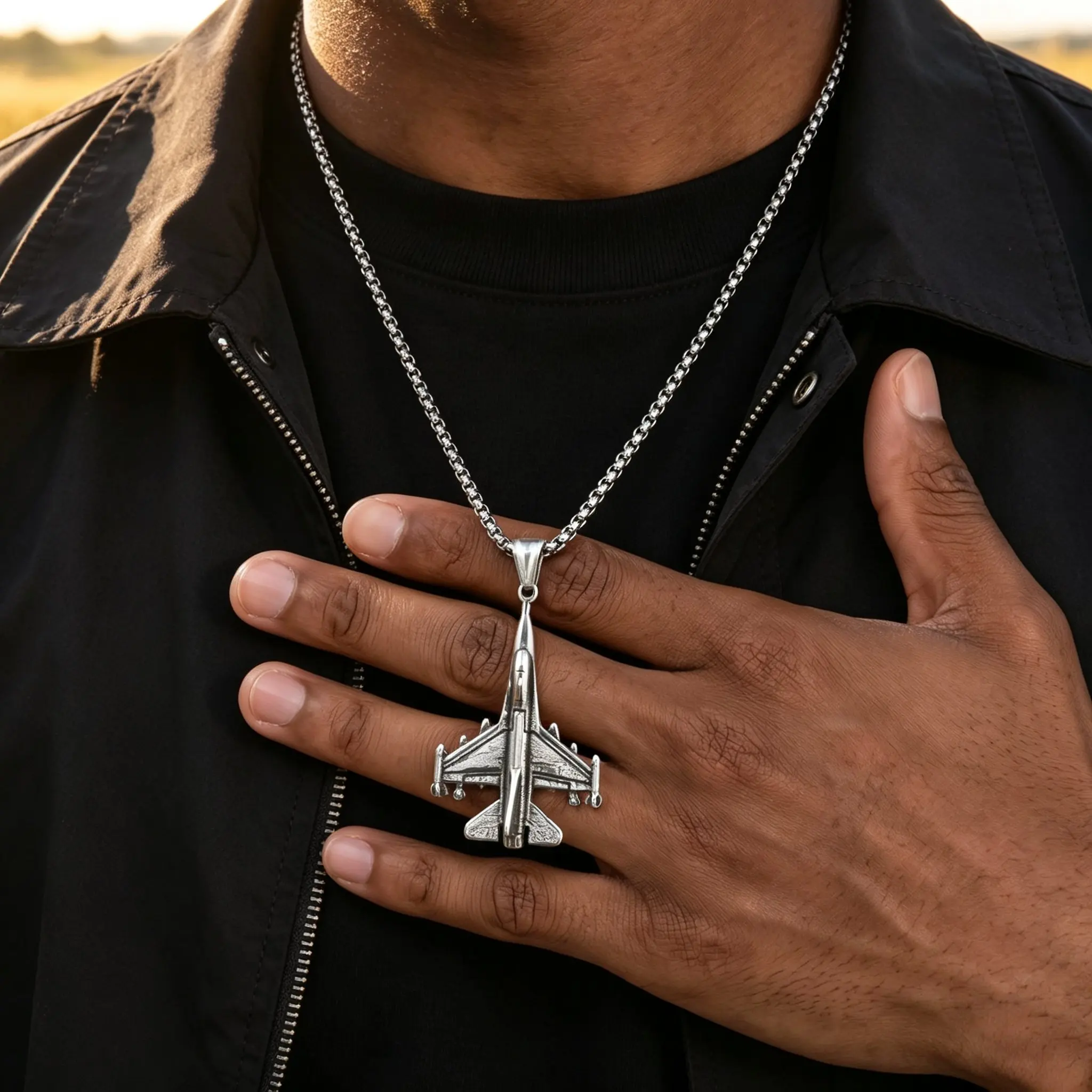 Vintage Fighter Jet Pendant Necklace for Men,Stainless Steel Military Airplane Charm Necklace,Pilot Jewelry Gift