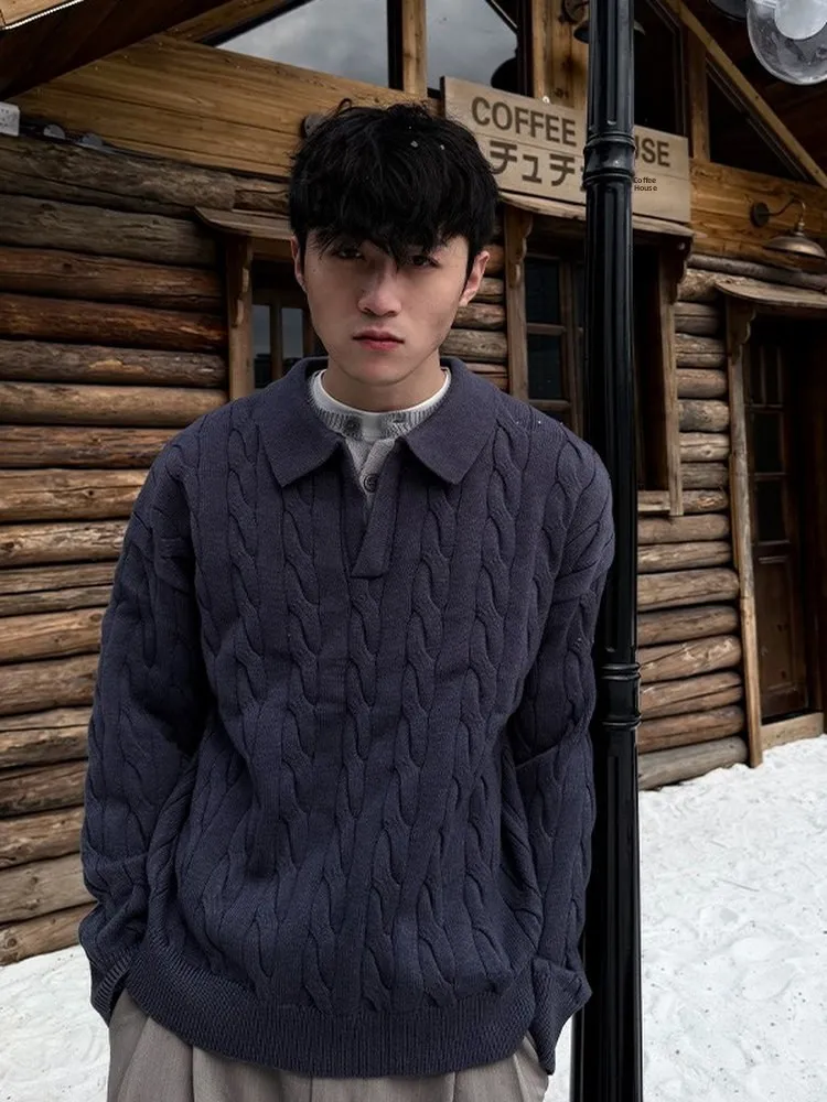 

Autumn Winter Men's Loose Fit Long Sve Knitted Sweater High End Lazy Sle Turn Collar Linen Patterned Base Layer Trendy