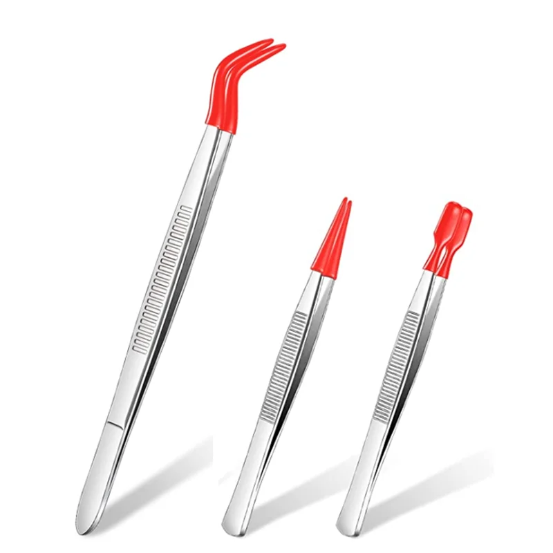 3 Pieces Tweezers with Rubber Tips Tweezers PVC Coated Tweezers Set, Rubber Straight and Flat Tip Tweezers Red