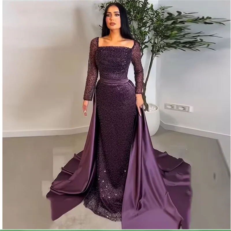 Luxuriöse Abendkleider Robes De Soirée, trägerlos, mit Pailletten, individuell gestaltet, lange Ärmel, lila, elegantes Abendkleid, Hochzeitsfeier