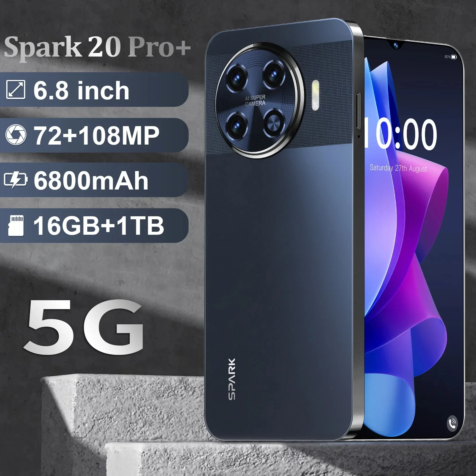 

Global version Spark 20 Pro+ Original Smartphone 6.8 Inch HD Screen 5G 6800mAh Snapdragon 8 gen3 10 Core Dual SIM unlock Phone