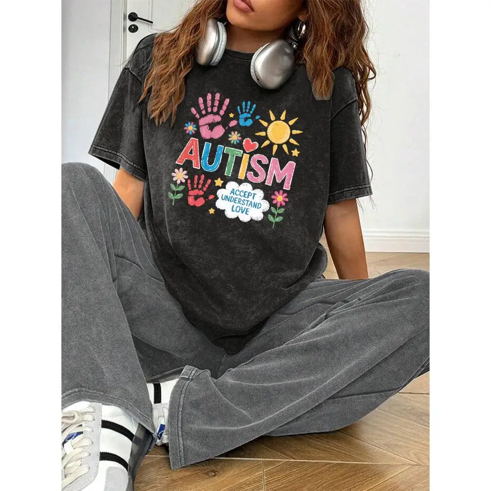 

Vintage Washed Autism Awareness T-shirt, Accept Understand Love Graphic Tee, Oversized Loose Tops for Men Women