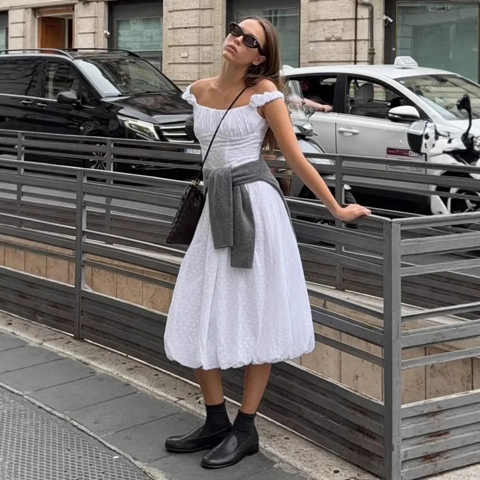 

2026 Summer New Style Jacquard Off Shoulder Hollow Embroidery Flower Bud Dress Women Romantic Vacation Dress