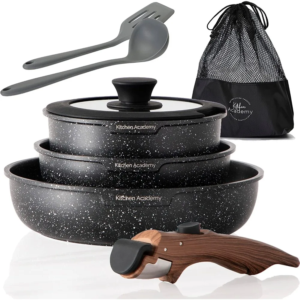 

10 PCS Cookware Set Nonstick Granite Coated Pots and Pans Set w/ Detachable Hand