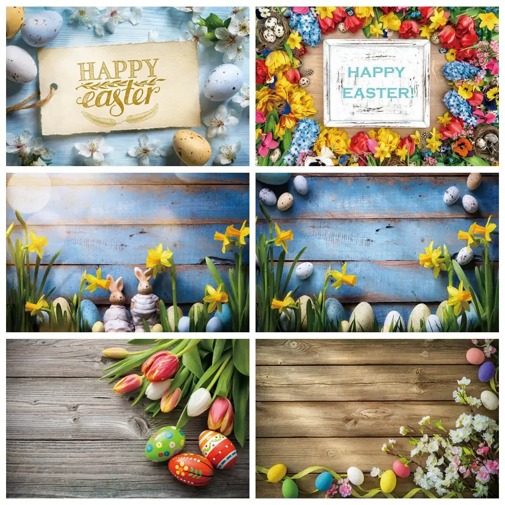 

MOON.QG Happy Easter Day Decoration Backdrop Bluey Wood Plank Tulip Flower Egg Background Baby Party Product Photography Props