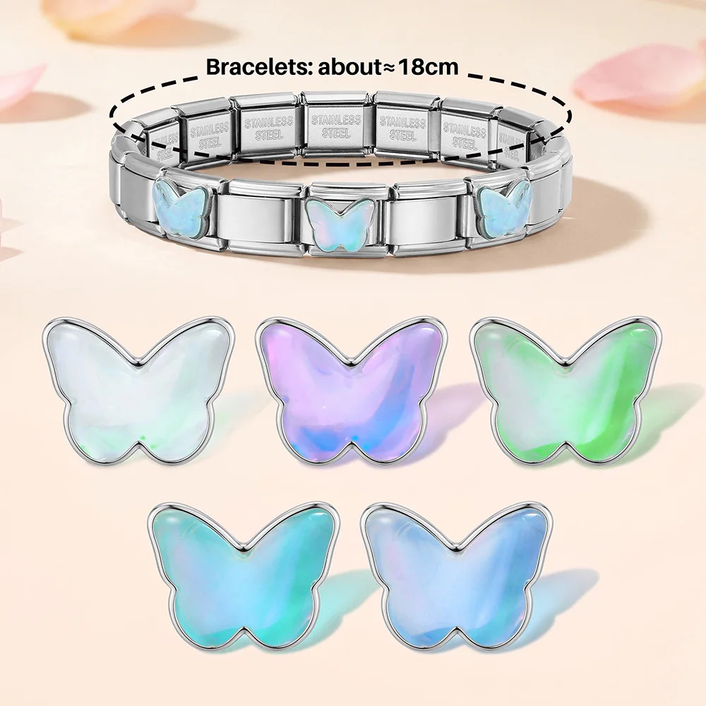 DIY Silver Color Butterfly Elegant Women Charm Link Fit 9mm Stainless Steel Italian Jewelry Making Female Bracelets Accessories