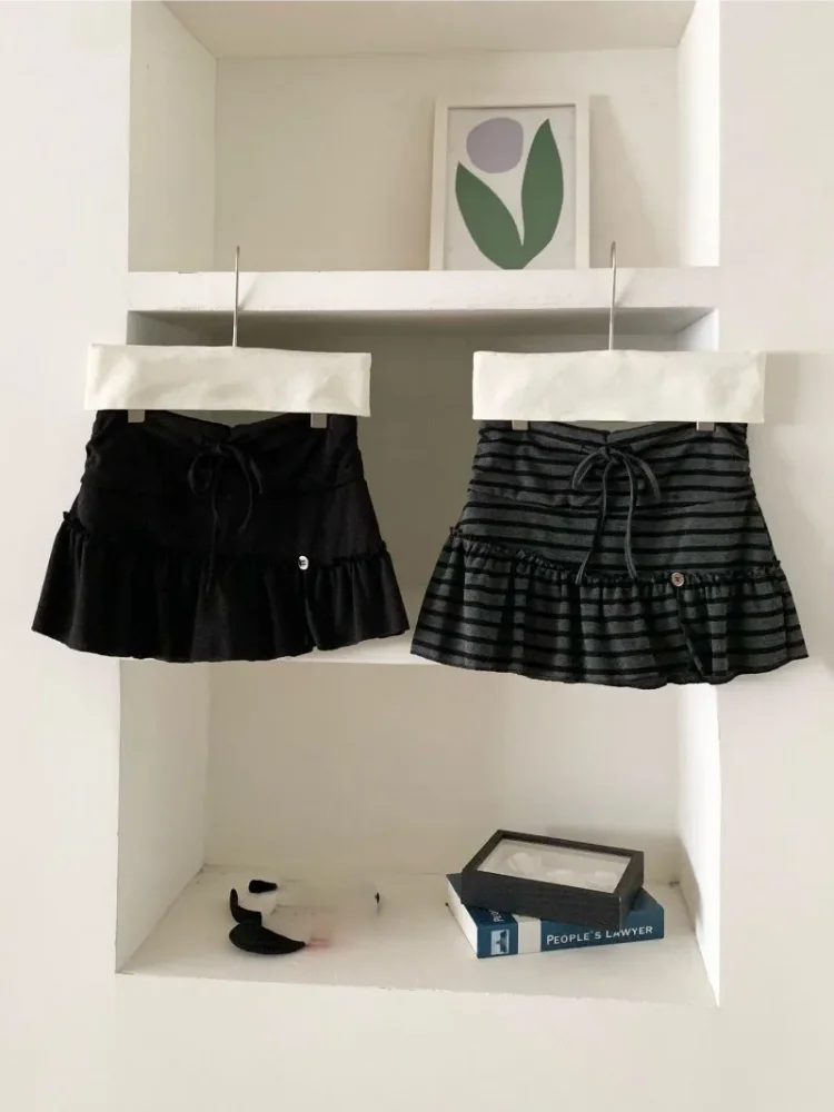 Y2k – Mini jupe rayée pour femmes, taille avec cordon de serrage, coupe cintrée, à volants, ligne a, rétro, douce et polyvalente, nouvelle collection