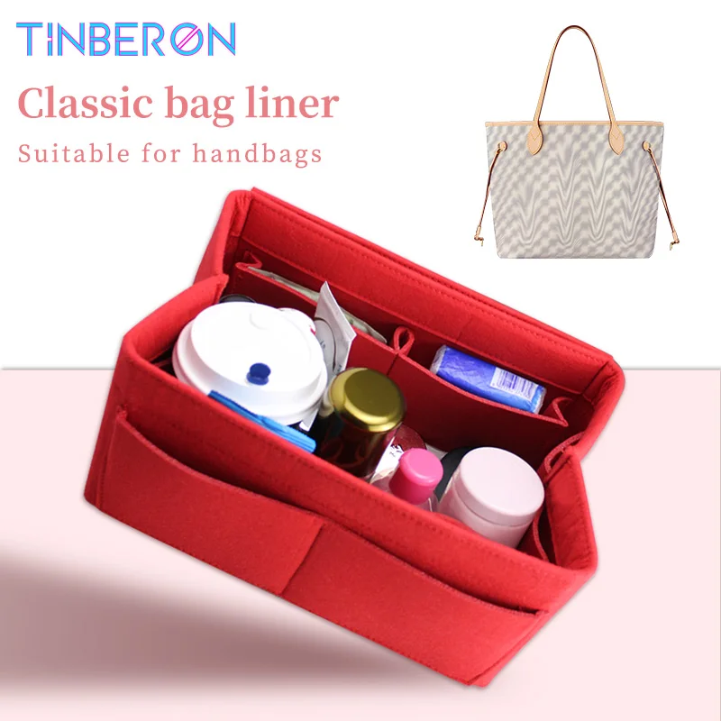 TINBERON Felt Makeup Bag Red Bag Insert Organizer for Handbag High Capacity Travel Storage Bag Handbag Inner Lining Cosmetic Bag