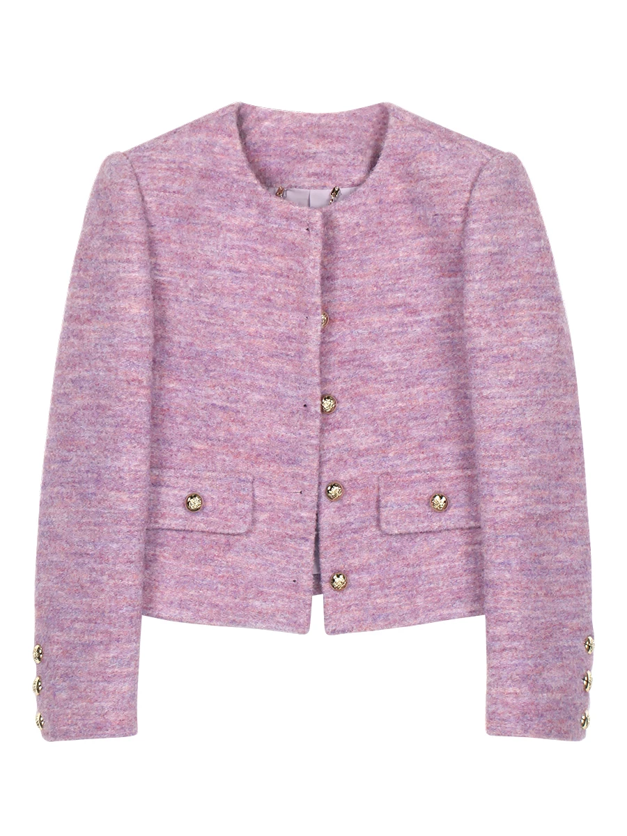 Women Purple Tweed Jacket O Neck Long Sleeve Gold Button Cropped Coat Elegant Slim Short Outerwear Female Fashion Blazer 130136