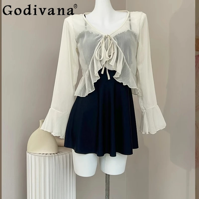 

Off-white Chiffon Shirt Sweet Bow Sunscreen Clothing Long Sleeve Fairy Cardigan Flare Sleeve Swimsuit Lace-up V-neck Blouse