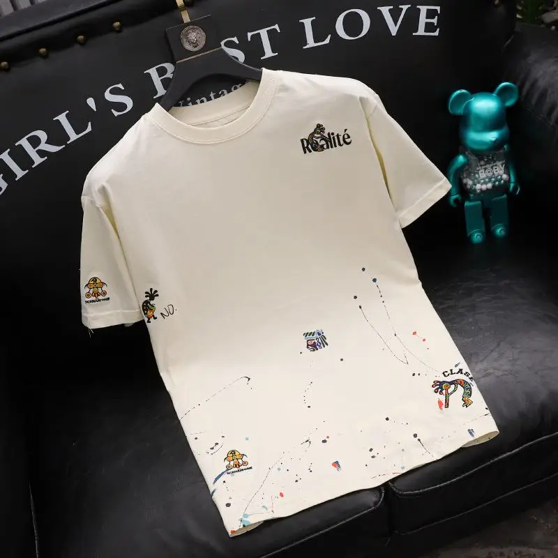 Men Clothing Fashion Splash-ink Embroidery Printed Short-sleeve T-shirt 2024 Summer New Light Luxury Short Sleeve Tee Shirt Tops