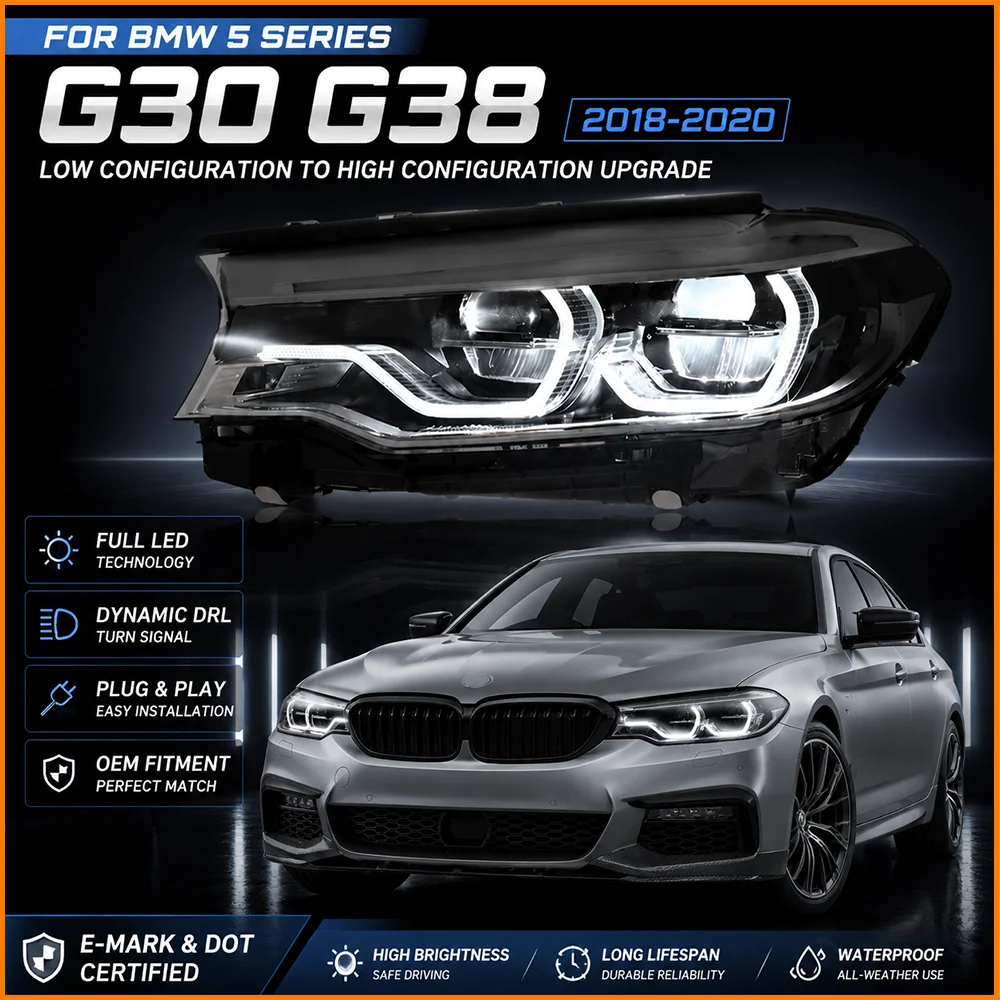 For BMW 5 Series G30 G38 2018-2020 LED Headlight LCI Style Upgrade, Dual Bi-LED Projector Lens DRL Sequential Turn Signal Lamp