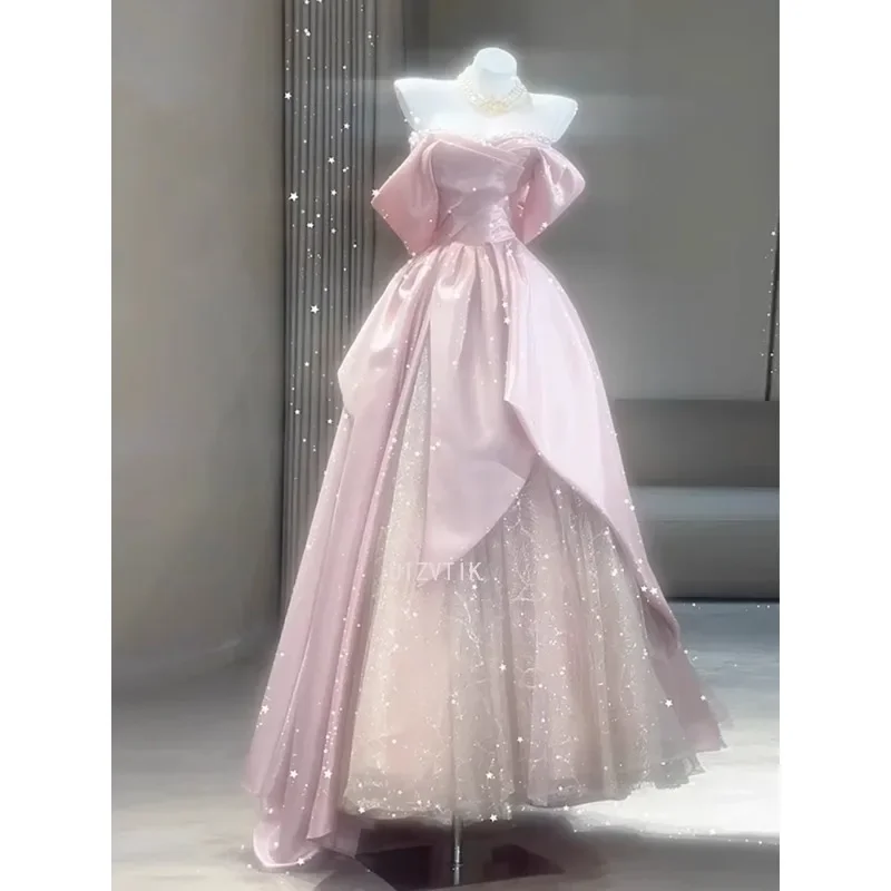 

Pink Long Wedding Dress Women Light Luxury Satin Tulle Pleated Off Shoulder Prom Gown Floor Length A-line Evening Party dress