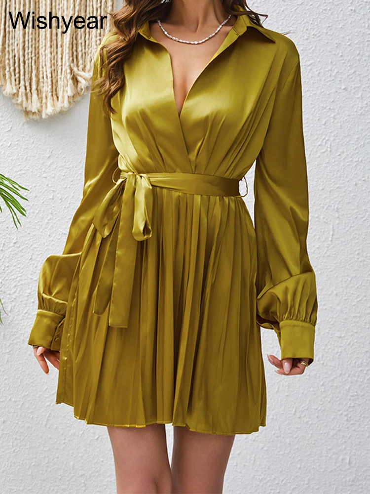 فستان قصير بطيات باللون الأصفر الذهبي من Wishyear للنساء أنيق للمكتب والخريف بأكمام كاملة وأربطة بتصميم لحفلة عيد الميلاد المسائية