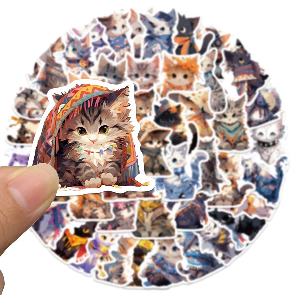 50pcs Cute Cats With Ethnic Costumes Stickers Decals For Phone Laptop Luggage Refrigerator Cartoon Aesthetic Stickers Kids Gifts