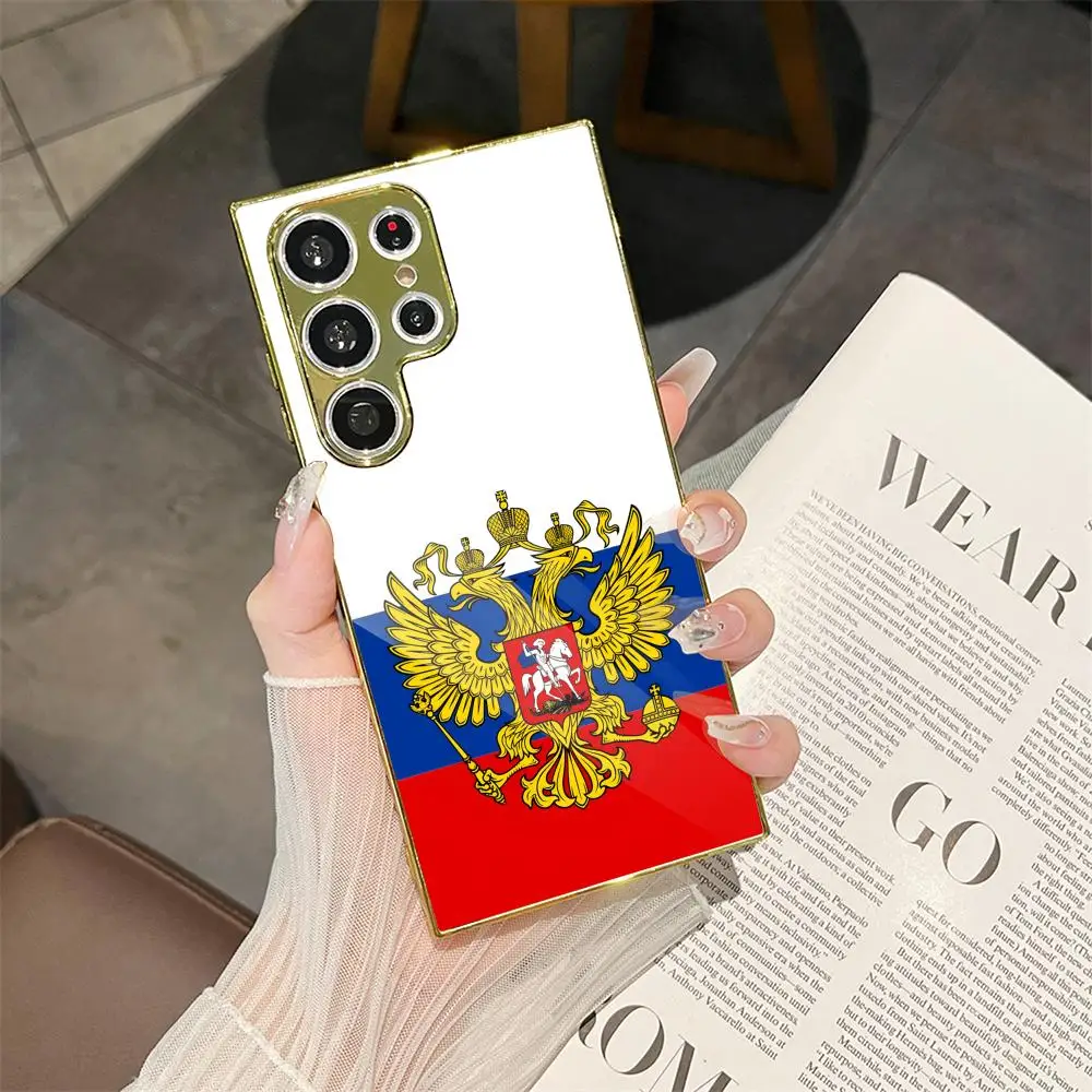 

Russia's President Flag Russian Phone Case For Samsung Galaxy S25 S24 S23 Ultra Electroplated Metal Case Glass Back Cover