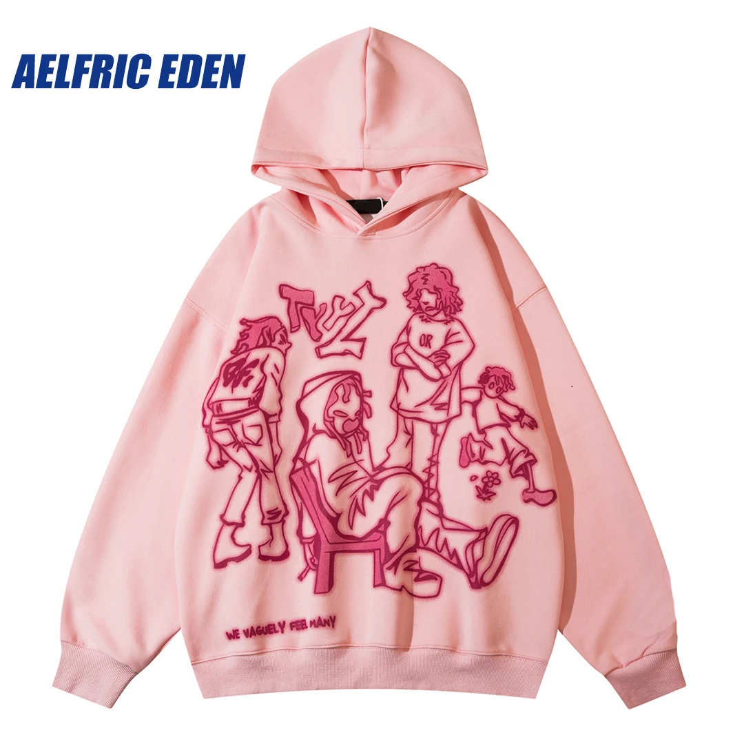 Aelfric Eden Mens Y2K Cartoon Line Character Print Hoodie Harajuku Hip Hop Sweatshirt Pullover Hooded Streetwear Casual Tops