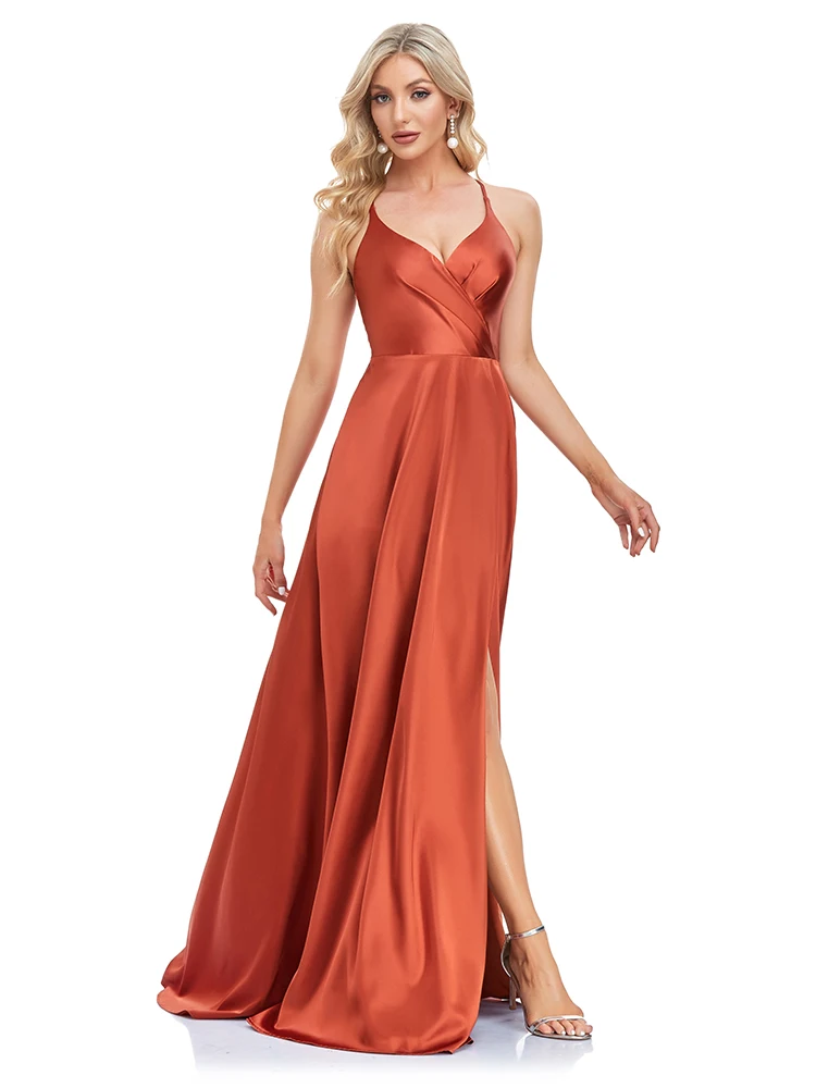 Lucyinlove Luxury Sexy Backless Evening Dress 2024 Women V-neck High Slit Satin Formal Cocktail Wedding Party Prom Long Gowns