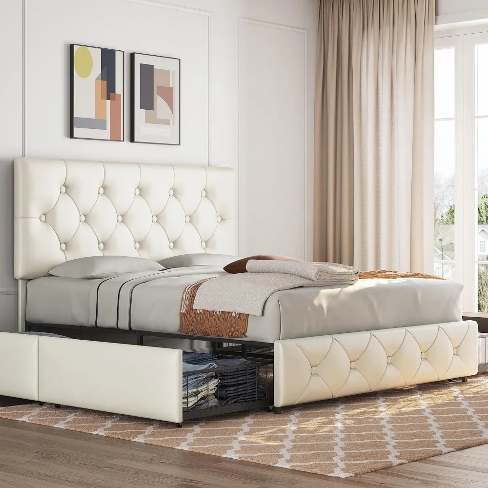 Queen Gestoffeerd Bed Frame 4 Laden En Verstelbaar Hoofdeinde, Faux Lederen Platform Bed Matras Foundation Sterke Lamellen Ondersteuning