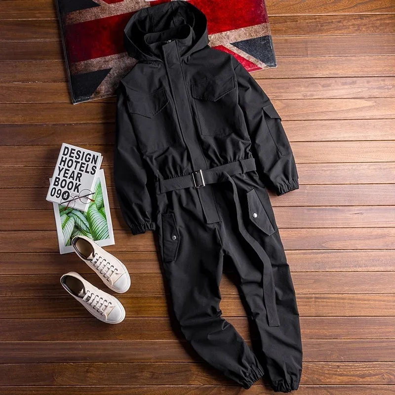 

Autumn 2022 New Mens Hoody Overalls Long Sleeve Jumpsuit Joggers Cargo Pants Hip Hop Casual Jumpsuits Sashes One Piece Rompers
