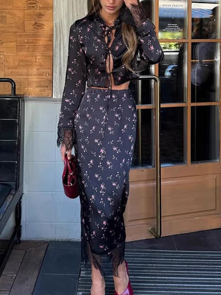 

Винтажные повседневные атласные комплекты из двух предметов с цветочным принтом, элегантные женские кардиганы и юбки на шнуровке, темпераментные тонкие отпускные наряды