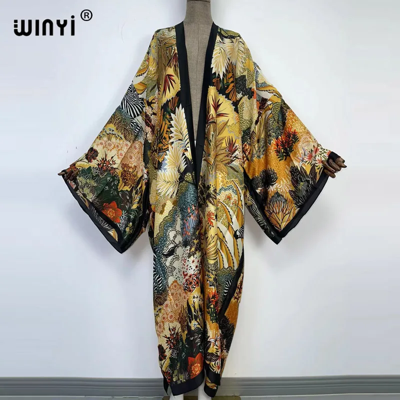 WINYI yaz kadın hırka dikiş elbise kokteyl sexy Boho Maxi afrika tatil Batwing kollu ipek hissi robe kimono kaftan