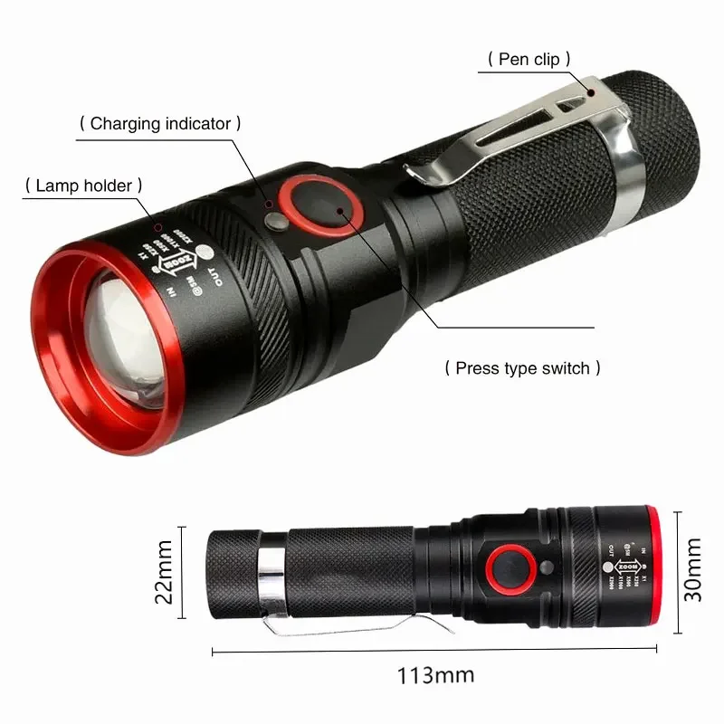 Imagem -02 - Usb Recarregável Led Lanterna Tocha Zoomable Lanterna à Prova d Água Alta Qualidade Alumínio Camping Luz 18650 Bateria Xm-l t6