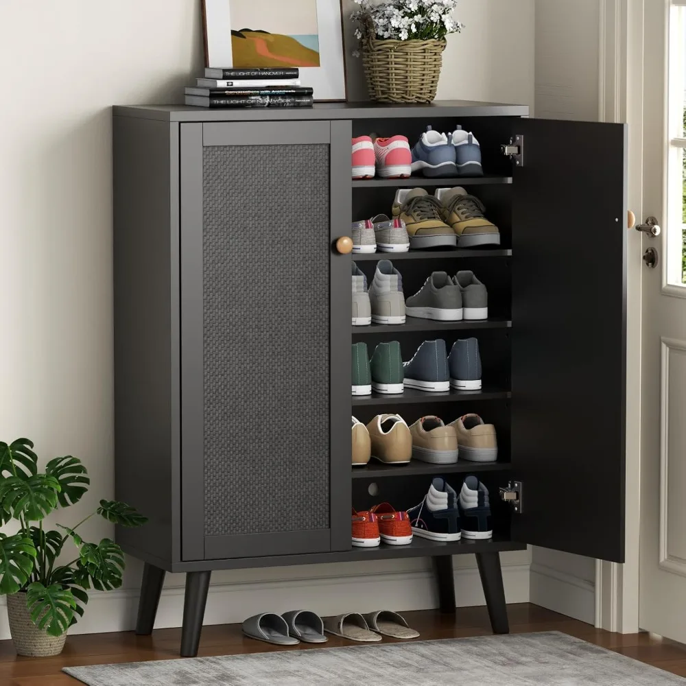 

Rattan Shoe Cabinet, 6-Tiers Shoe Storage Cabinet for Entryway Hallway, 2 Door Accent Cabinet with Adjustable Shelves