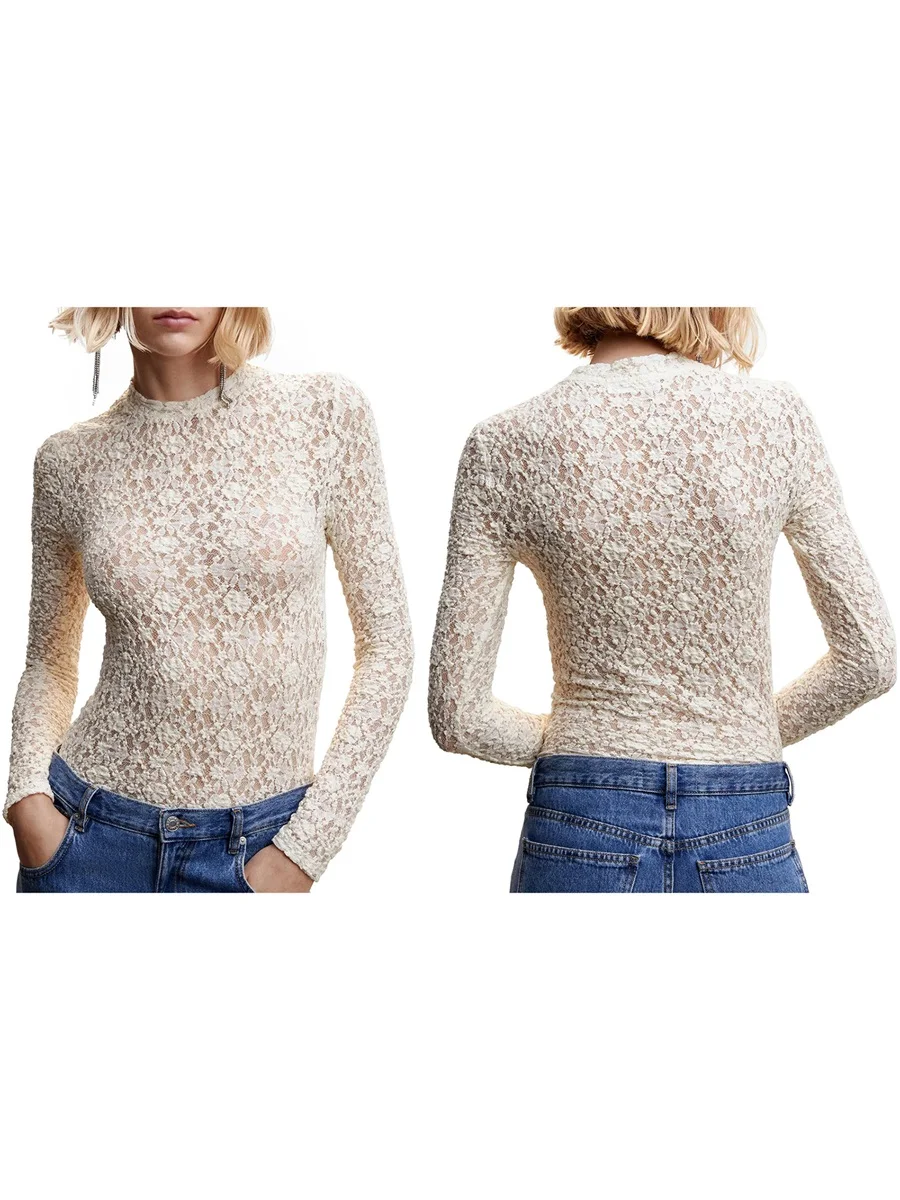 Women Long Sleeve T-Shirts Semi-Sheer Floral Lace Casual Shirts Spring Fall  Fit Tops Streetwear