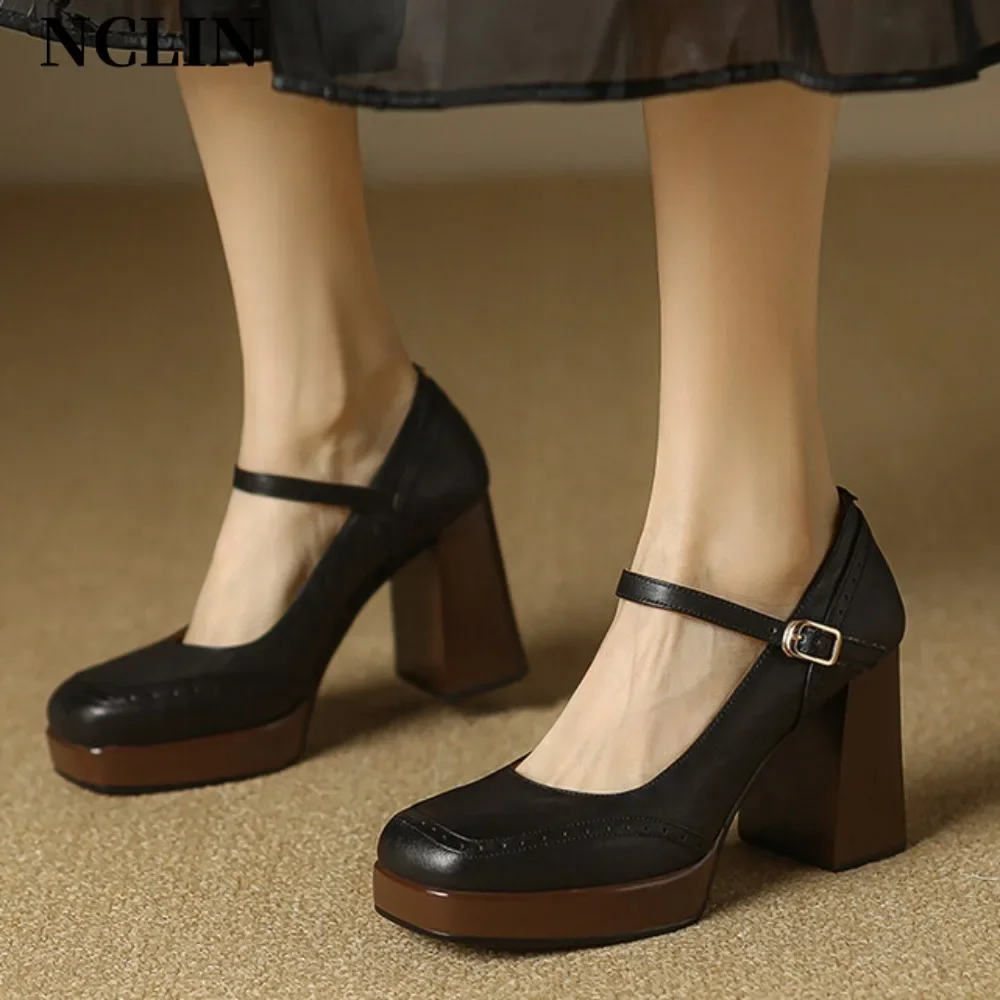 

Chunky Platform High Heels Pumps Women Spring Genuine Leather Ankle Buckle Mary Jane Shoes Woman Thick Heeled Black Lolita Shoes