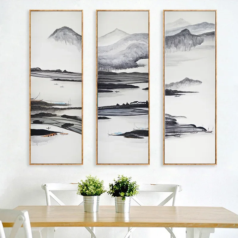 Pinturas colgantes para salón, platos verticales, paisaje de tinta tríptico de estudio