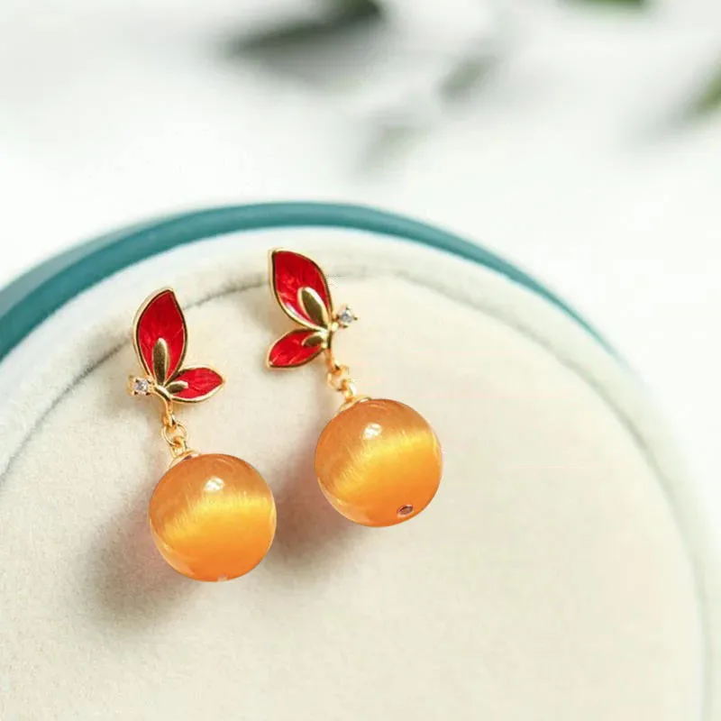 Butterfly earrings for women New in Orange yellow Cat's Eye bead Ear Studs Exquisite and gorgeous vintage silver jewelry gift