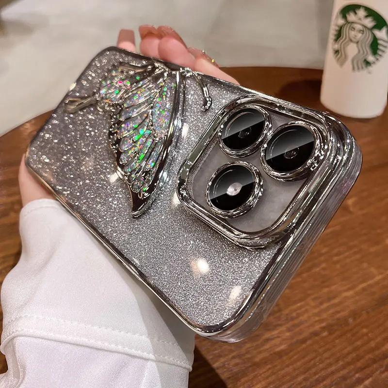 RedmiNote14 5G Case Luxury,Bling Quicksand Butterfly Case For Xiaomi Redmi Note 14 13 12 pro plus 14C 13C 12C Shockproof Cover