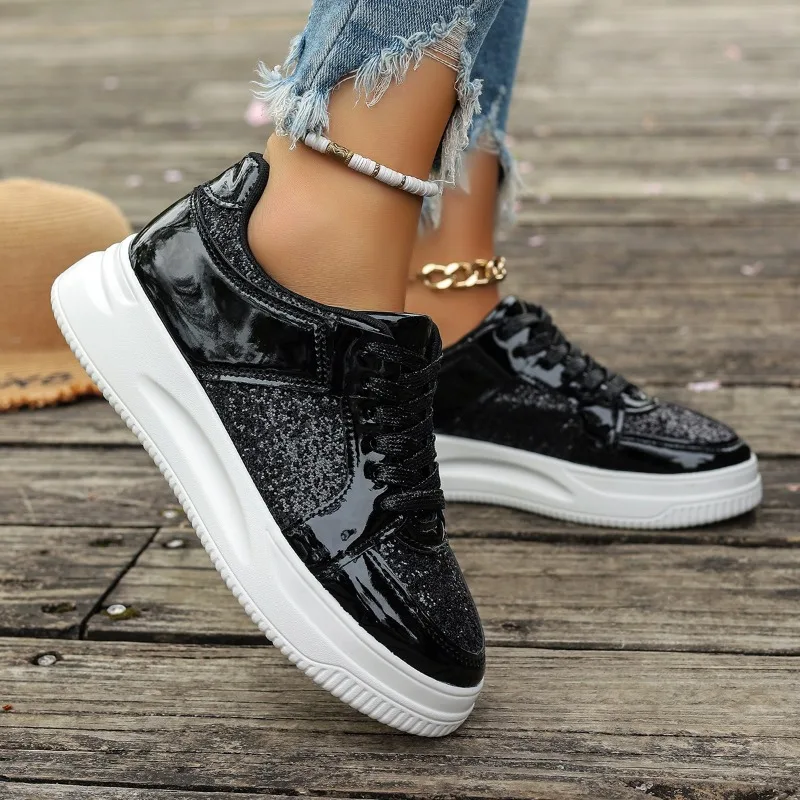 2024 Summer New Thick Soled Sequins Shoes for Women Fashion Trendy Sneakers Female Casual Breathable Lightweight Vulcanize Shoes