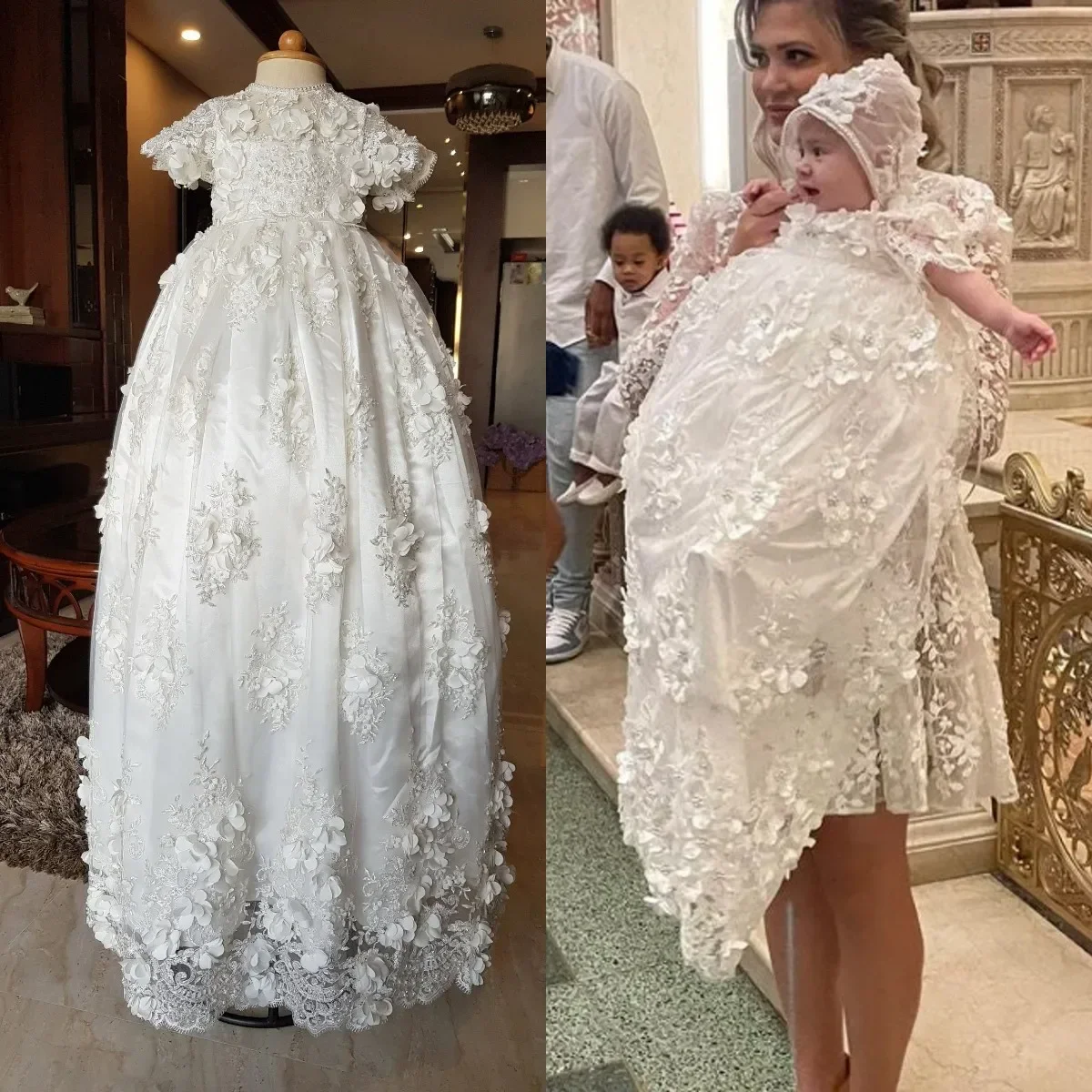 Robe de baptême en dentelle pour petites filles, avec bonnet, blanc cassé, ivoire, sur mesure, 3, 6, 9, 12, 15, 18, 24 mois