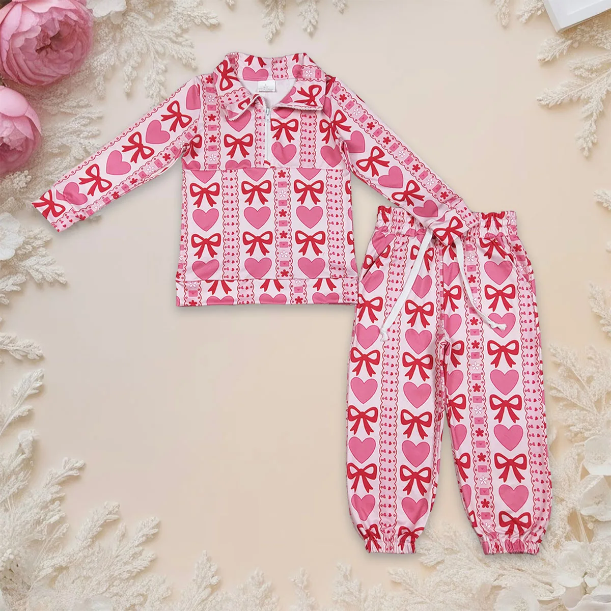 

Baby Girl Kids Long Sleeve Bows Hearts Zipper Tops Valentines Jogger Pant Set Infant Toddler Outfit Children Clothes Wholesale